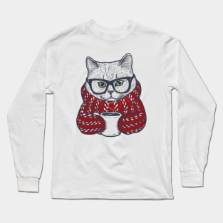 Candy Cane Sweater Coffee Cat Long Sleeve T-Shirt